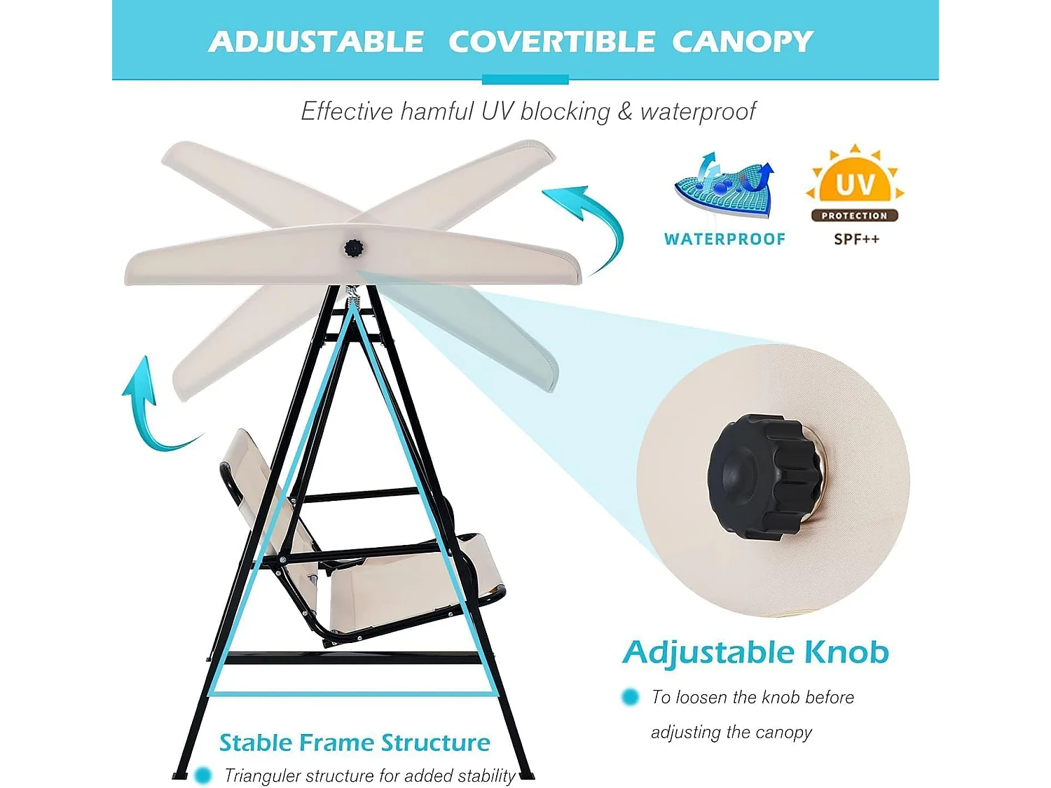 YODOLLA Balancelle de Jardin 2 Places avec Auvant Réglable et Coussins Amovible - 143 x 95 x 153 CM - Beige