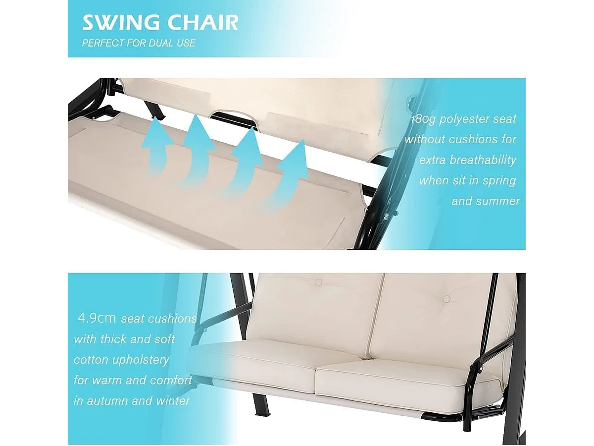 YODOLLA Balancelle de Jardin 2 Places avec Auvant Réglable et Coussins Amovible - 143 x 95 x 153 CM - Beige