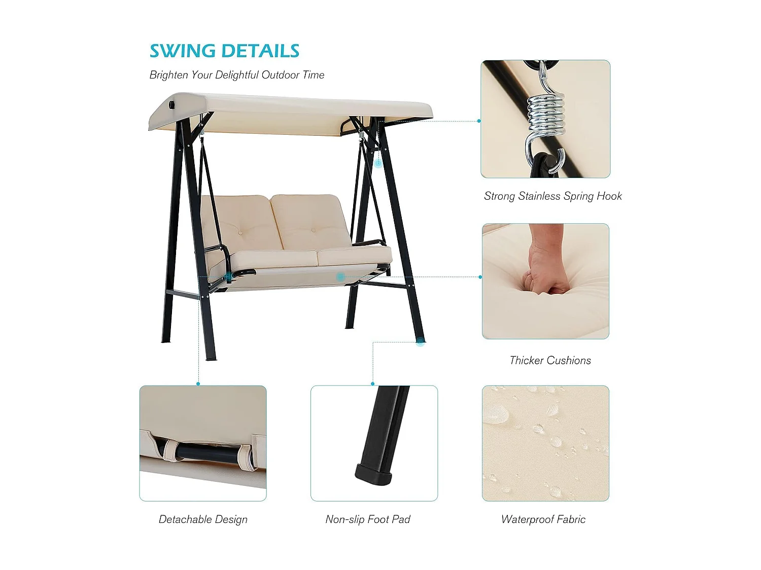 YODOLLA Balancelle de Jardin 2 Places avec Auvant Réglable et Coussins Amovible - 143 x 95 x 153 CM - Beige