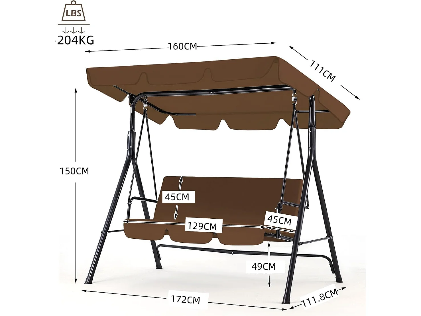 YODOLLA Balancelle de Jardin 3 Places avec Auvant Réglable - 172 x 112 x 150 CM -Métal - Marron