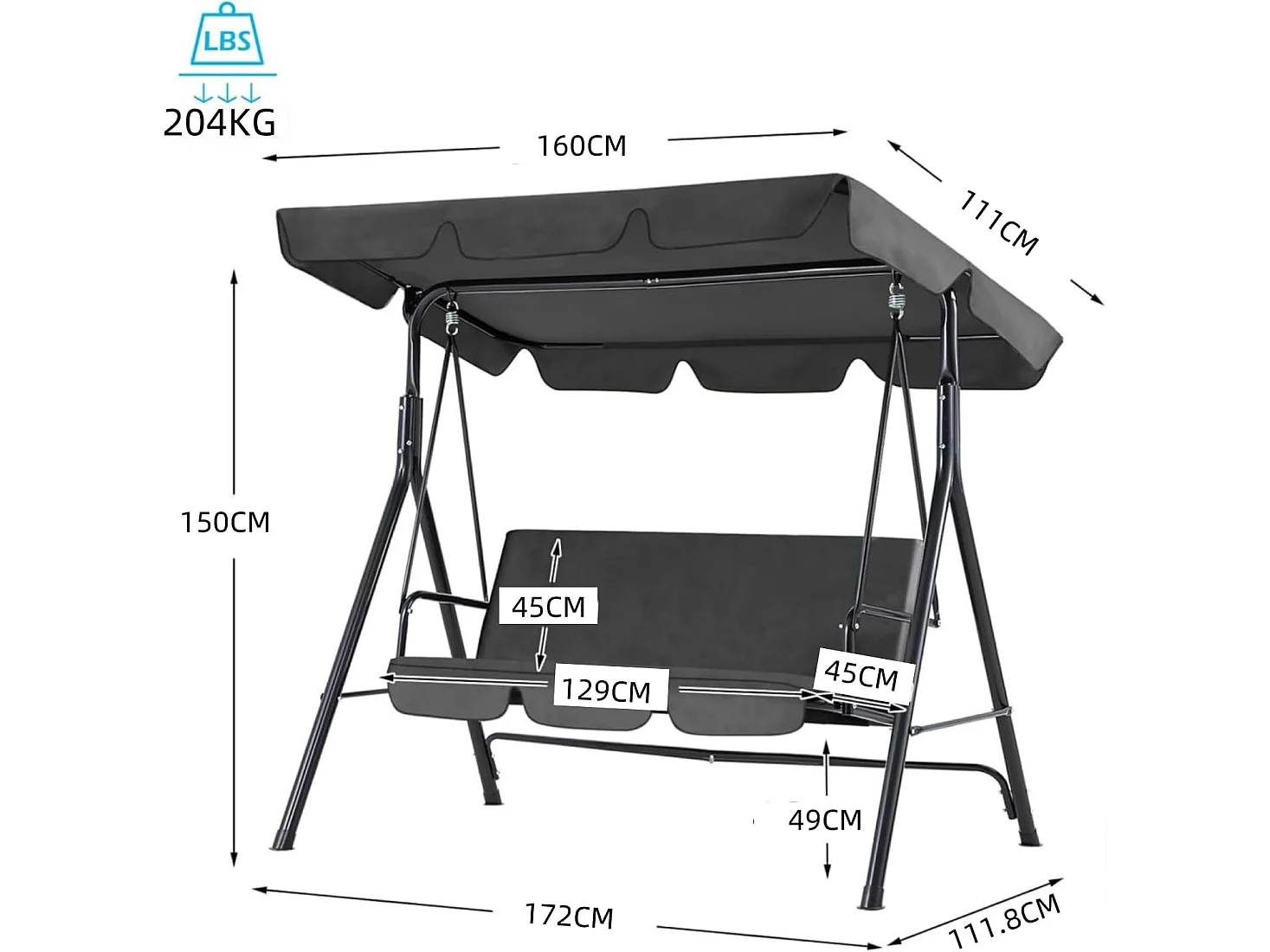 YODOLLA Balancelle de Jardin 3 Places avec Auvant Réglable - 172 x 112 x 150 CM -Métal - Gris