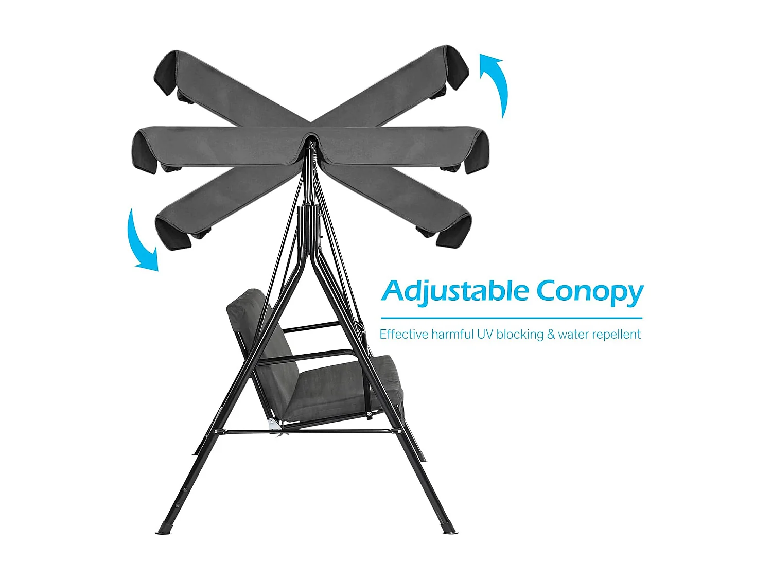 YODOLLA Balancelle de Jardin 3 Places avec Auvant Réglable - 172 x 112 x 150 CM -Métal - Gris