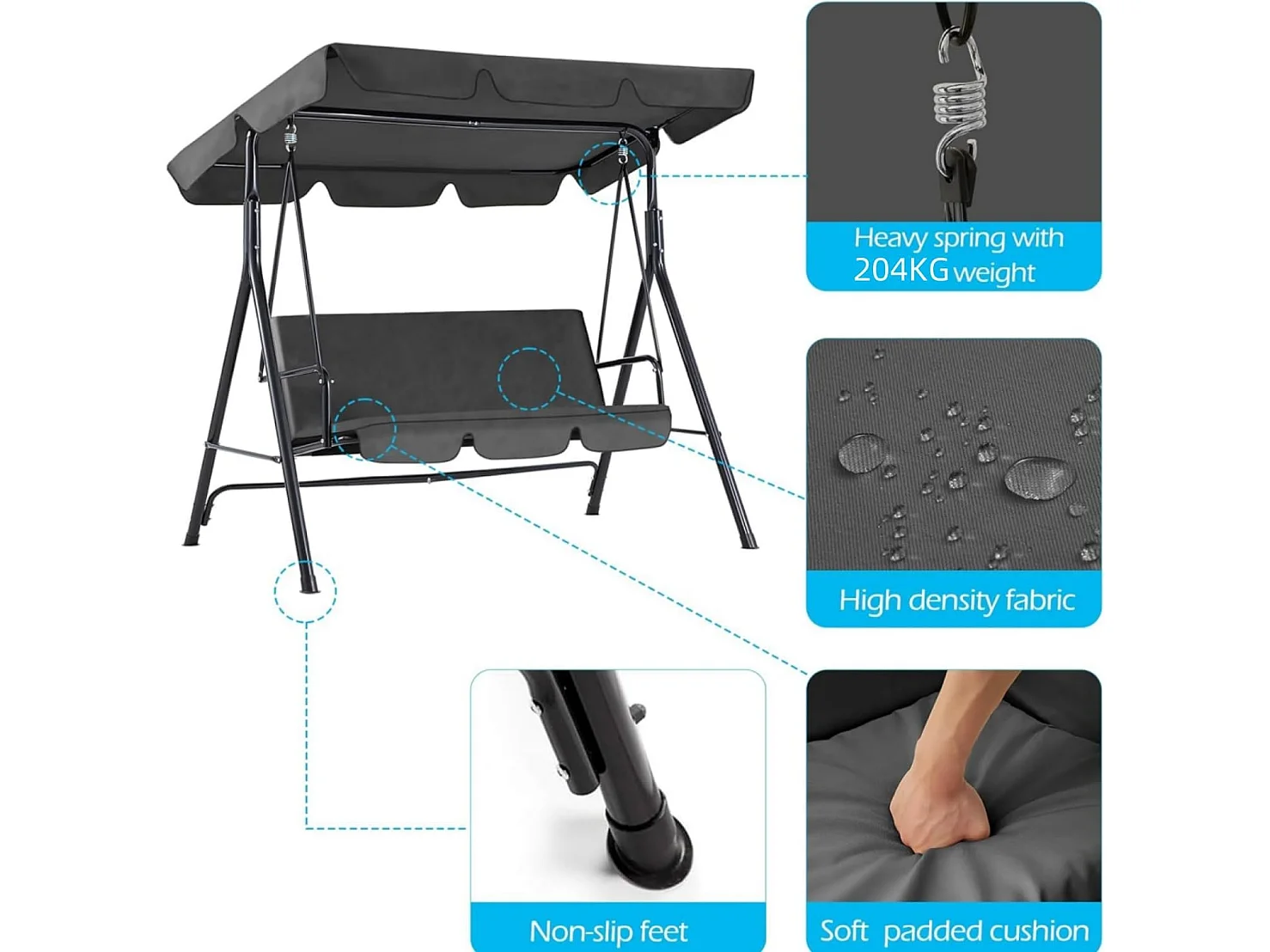 YODOLLA Balancelle de Jardin 3 Places avec Auvant Réglable - 172 x 112 x 150 CM -Métal - Gris