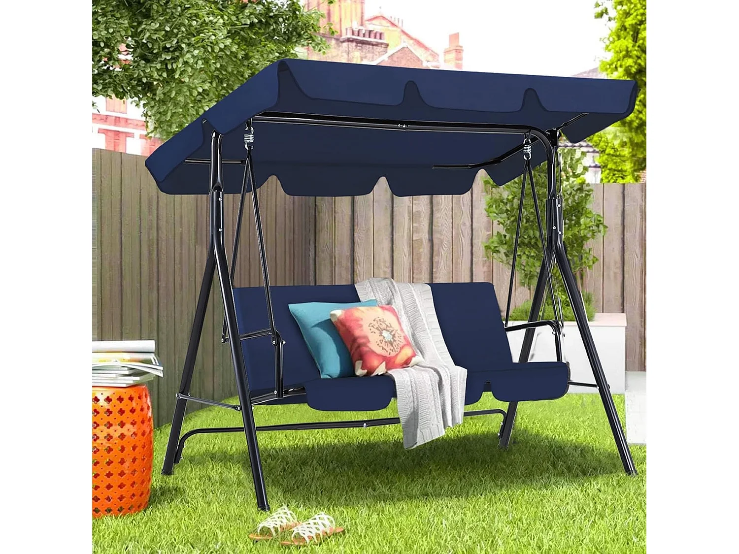 YODOLLA Balancelle de Jardin 3 Places avec Auvant Réglable - 172 x 112 x 150 CM -Métal - Bleu Marine