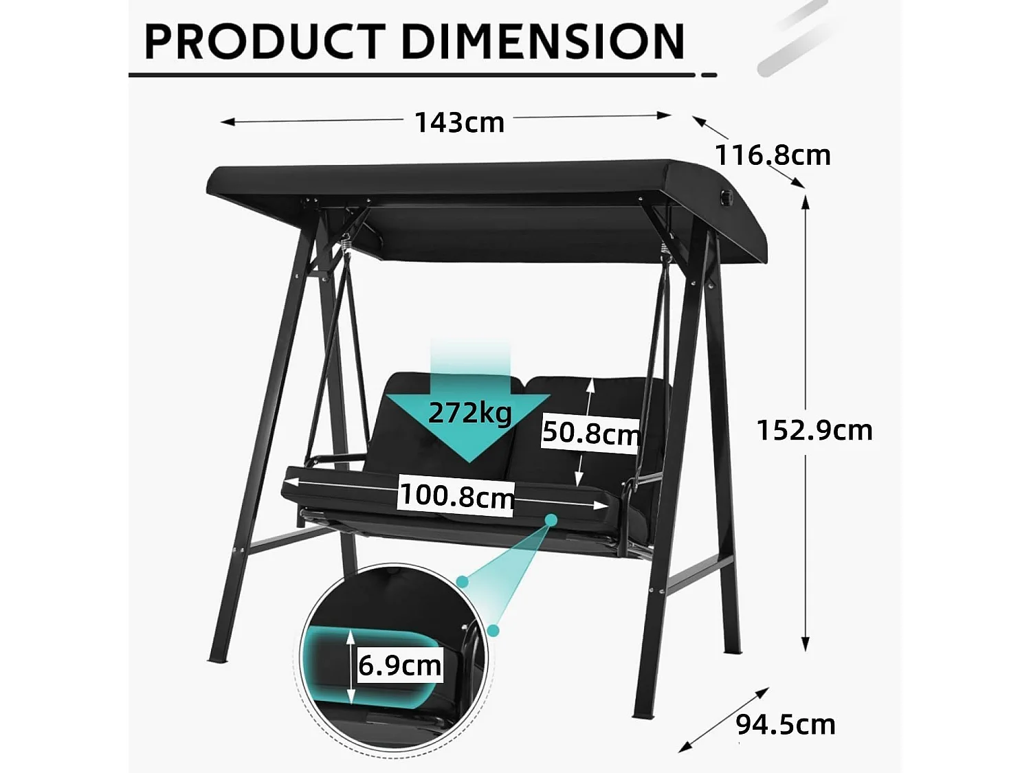 YODOLLA Balancelle de Jardin 2 Places avec Coussinets Ultra-Épais - Avant Réglable et Housse Amovible - 143x95x153 cm - Noir