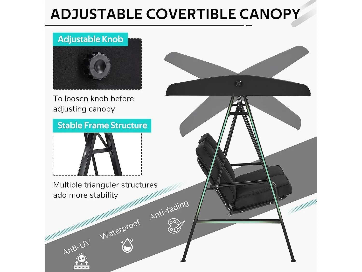 YODOLLA Balancelle de Jardin 2 Places avec Coussinets Ultra-Épais - Avant Réglable et Housse Amovible - 143x95x153 cm - Noir