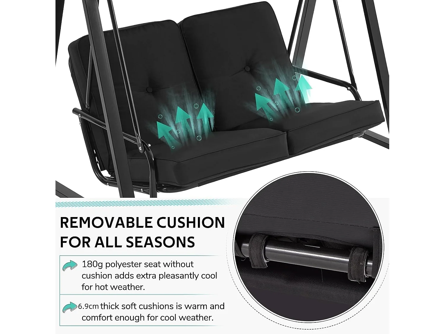 YODOLLA Balancelle de Jardin 2 Places avec Coussinets Ultra-Épais - Avant Réglable et Housse Amovible - 143x95x153 cm - Noir