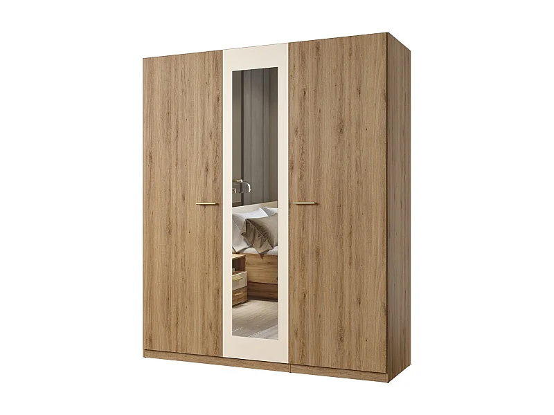 Armario VERTIGO - 3 puertas 179x215 cm – Roble salvaje y beige arena – Con espejo central