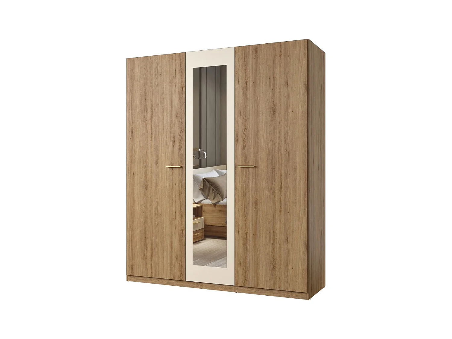 Armoire VERTIGO - 3 portes 179x215 cm – Chêne sauvage et beige sable – Avec miroir central