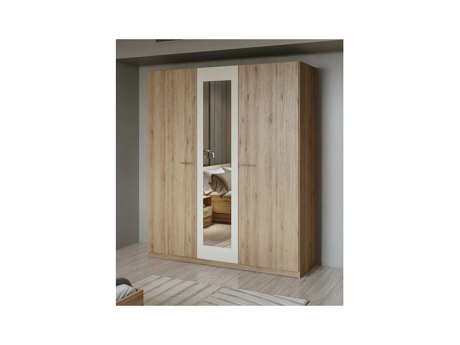 Armoire VERTIGO - 3 portes 179x215 cm – Chêne sauvage et beige sable – Avec miroir central
