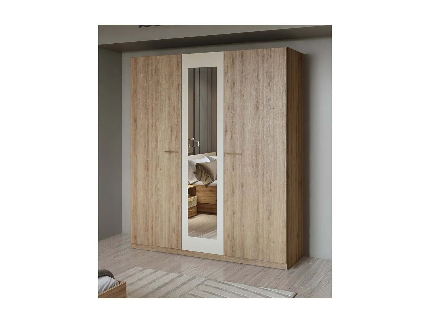 Armoire VERTIGO - 3 portes 179x215 cm – Chêne sauvage et beige sable – Avec miroir central