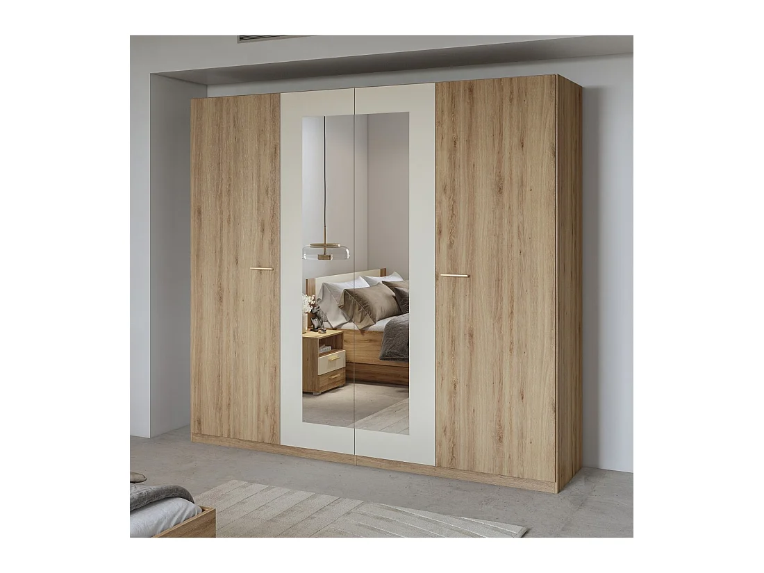 Armario VERTIGO – 4 puertas con espejo – 228x215 cm – Roble salvaje y beige arena
