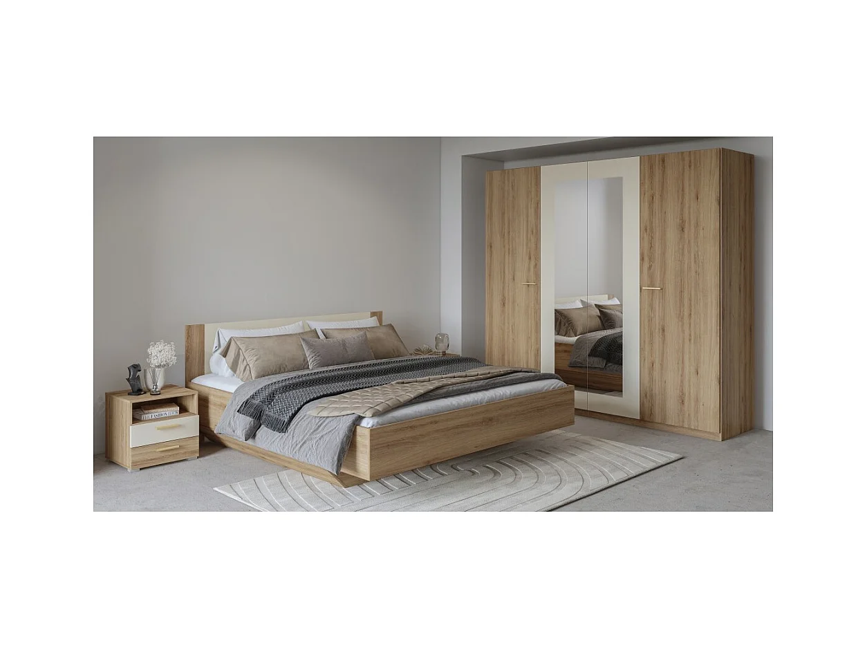 Armario VERTIGO – 4 puertas con espejo – 228x215 cm – Roble salvaje y beige arena