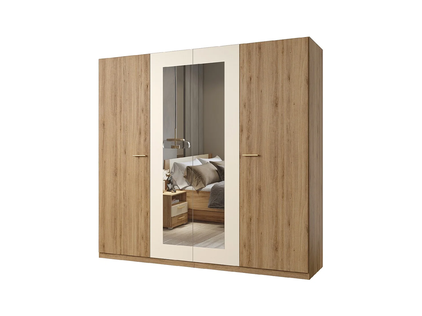 Armoire VERTIGO – 4 portes avec miroir – 228x215 cm – Chêne sauvage et beige sable