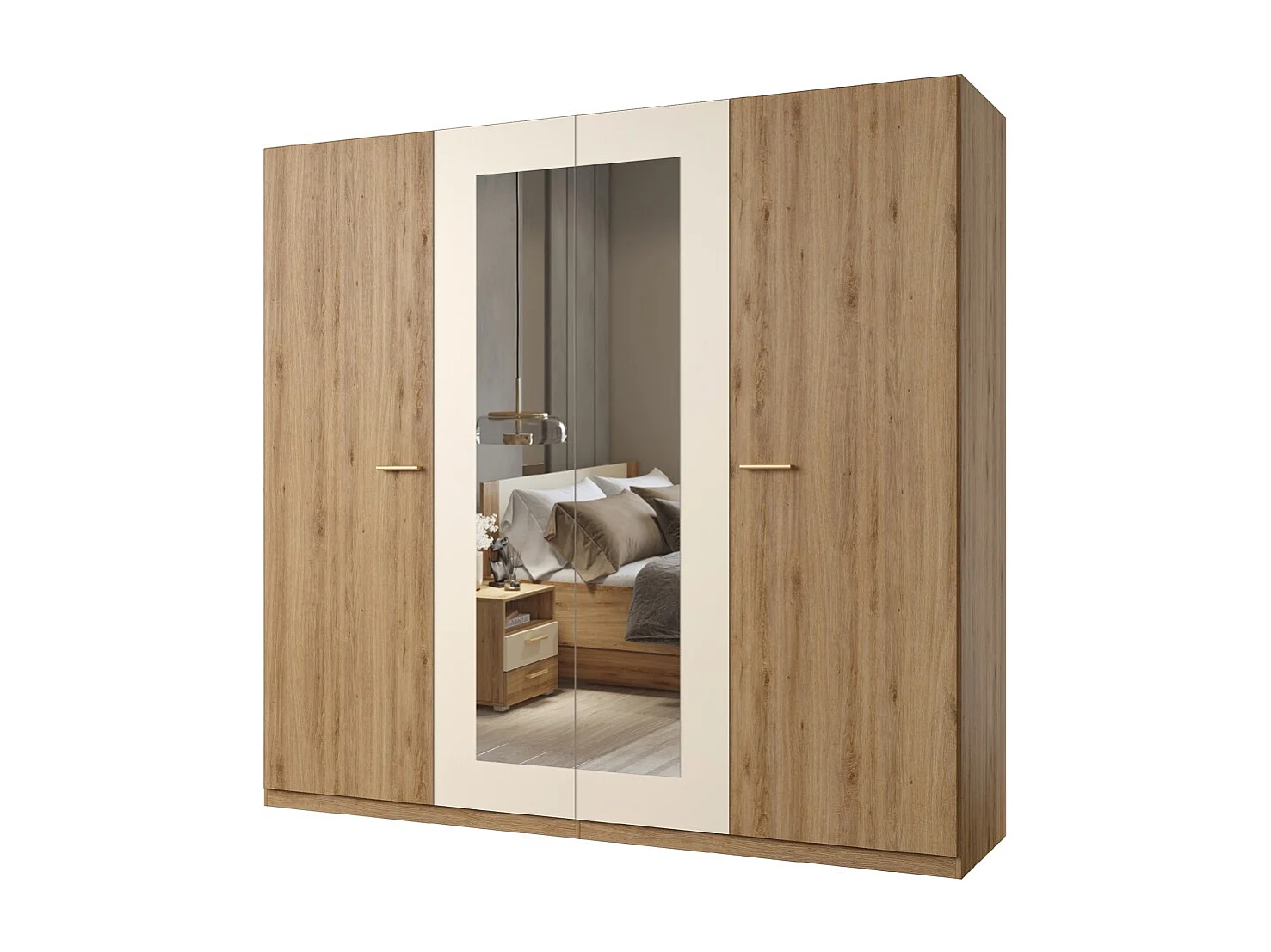 Armario VERTIGO – 4 puertas con espejo – 228x215 cm – Roble salvaje y beige arena