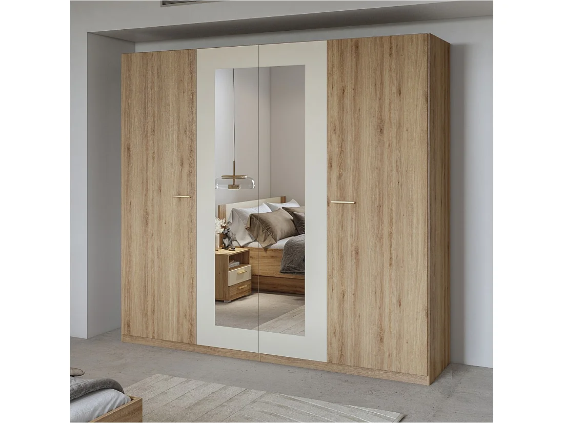 Armario VERTIGO – 4 puertas con espejo – 228x215 cm – Roble salvaje y beige arena