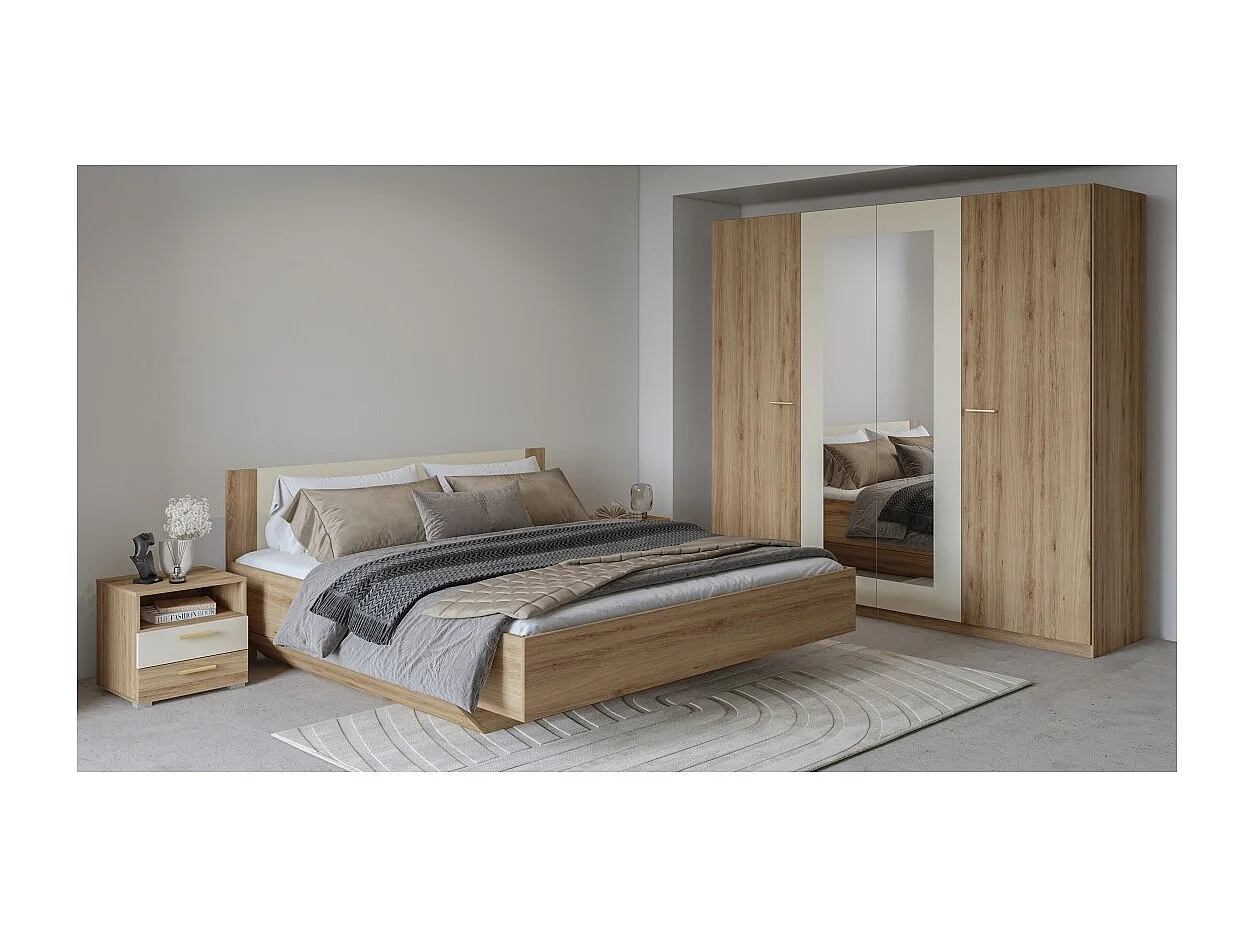 Armario VERTIGO – 4 puertas con espejo – 228x215 cm – Roble salvaje y beige arena