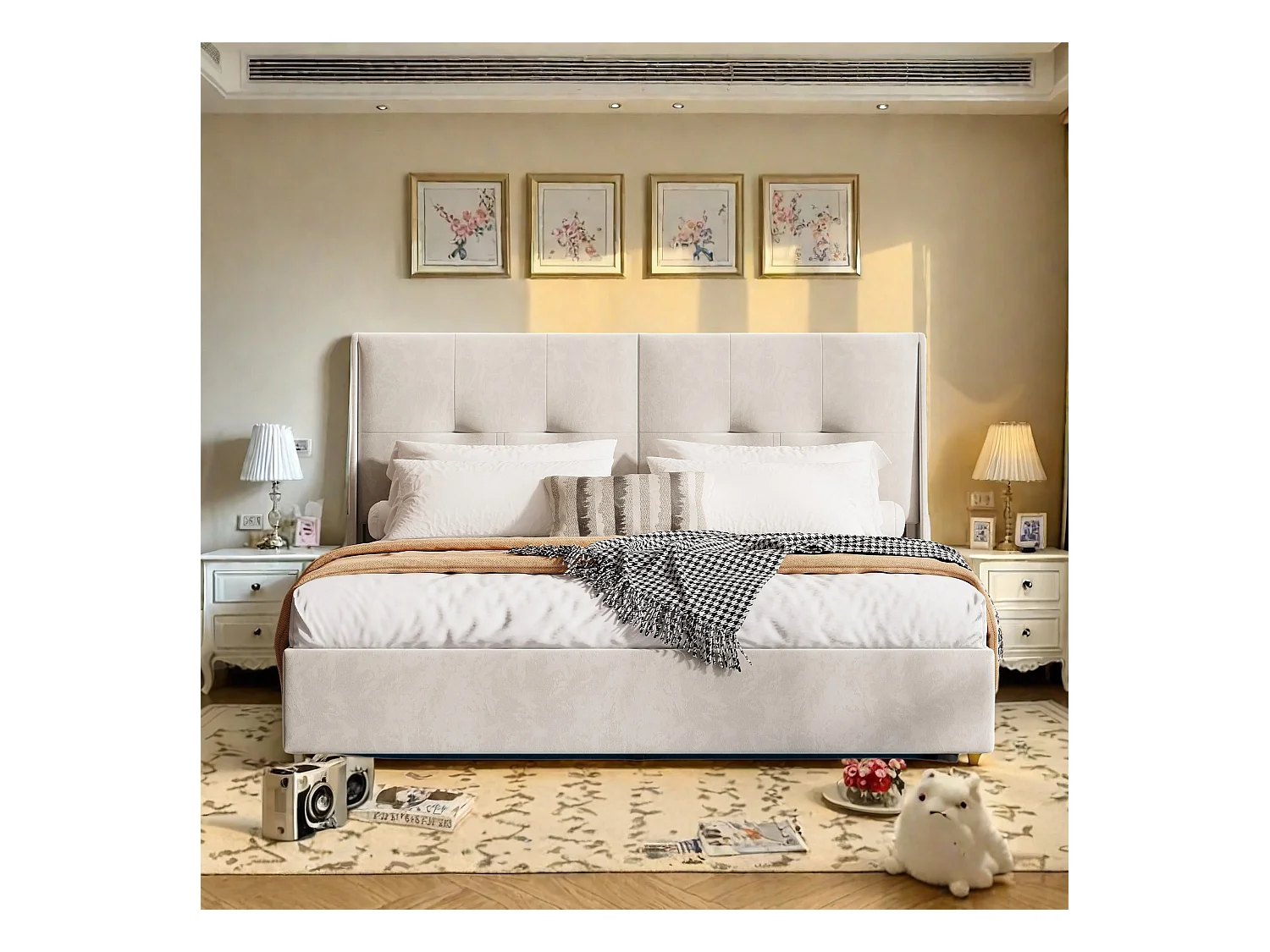 Lit coffre 140x200 cm en velours beige avec tête de lit à poches latérales, éclairage LED tête et pied de lit, design moderne et pratique