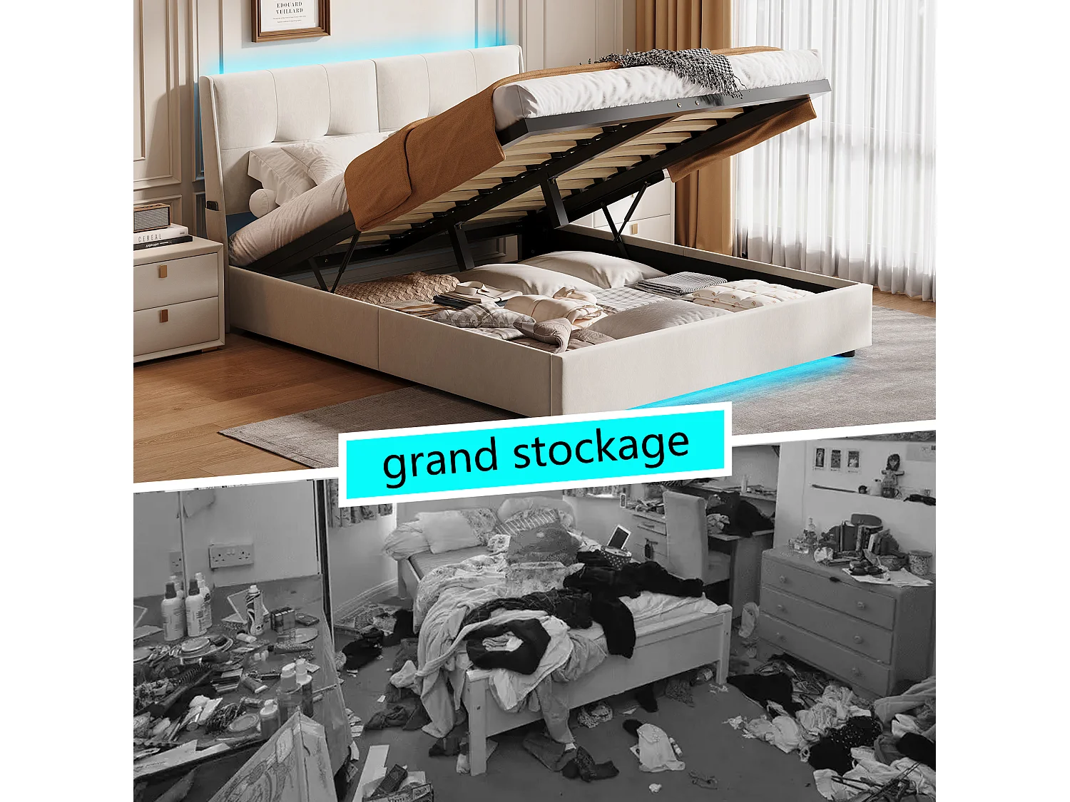 Opbergbed 140x200 cm in beige fluweel met hoofdbord met zijzakken, ledverlichting aan het hoofdeinde en voeteneinde, modern en praktisch design