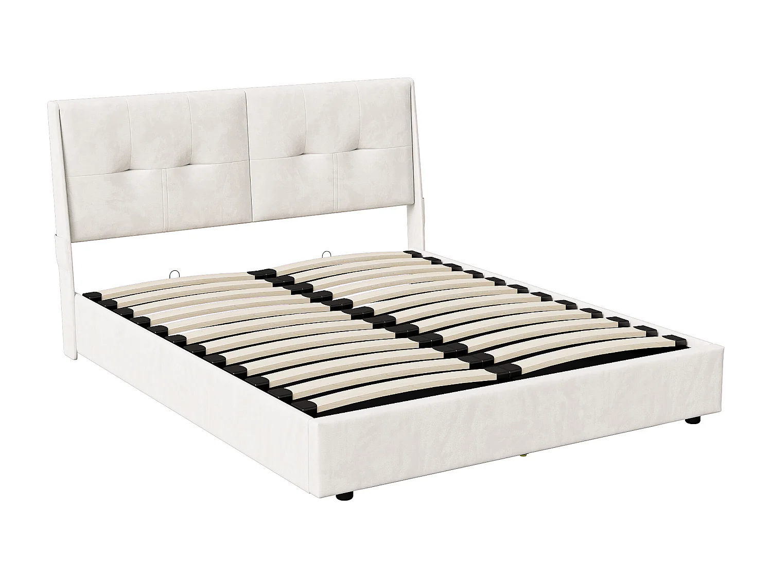 Opbergbed 140x200 cm in beige fluweel met hoofdbord met zijzakken, ledverlichting aan het hoofdeinde en voeteneinde, modern en praktisch design