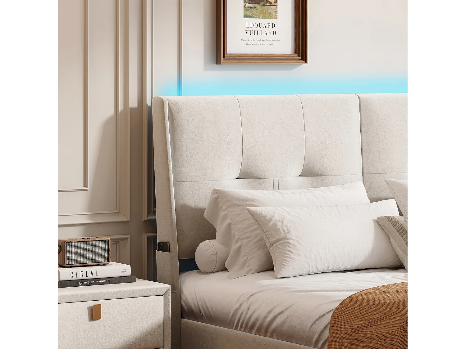 Opbergbed 140x200 cm in beige fluweel met hoofdbord met zijzakken, ledverlichting aan het hoofdeinde en voeteneinde, modern en praktisch design