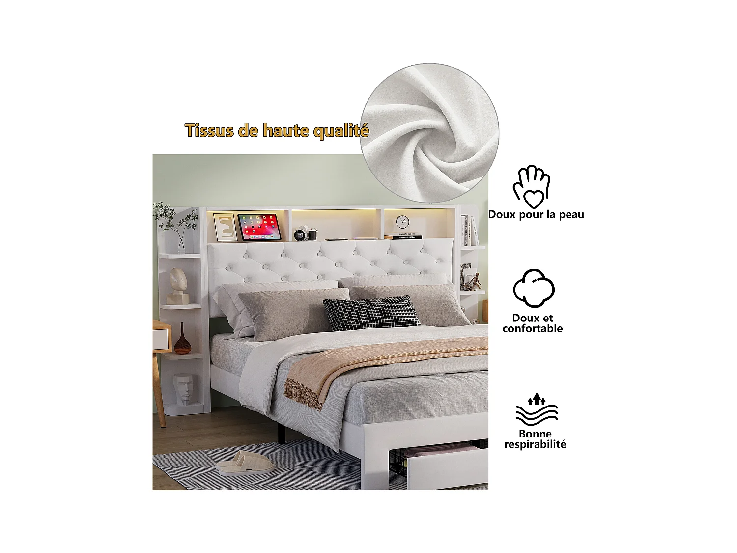 Tweepersoonsbed 160x200 cm bekleed met wit fluweel met opberglades, verstelbare LED en geïntegreerde USB-poort