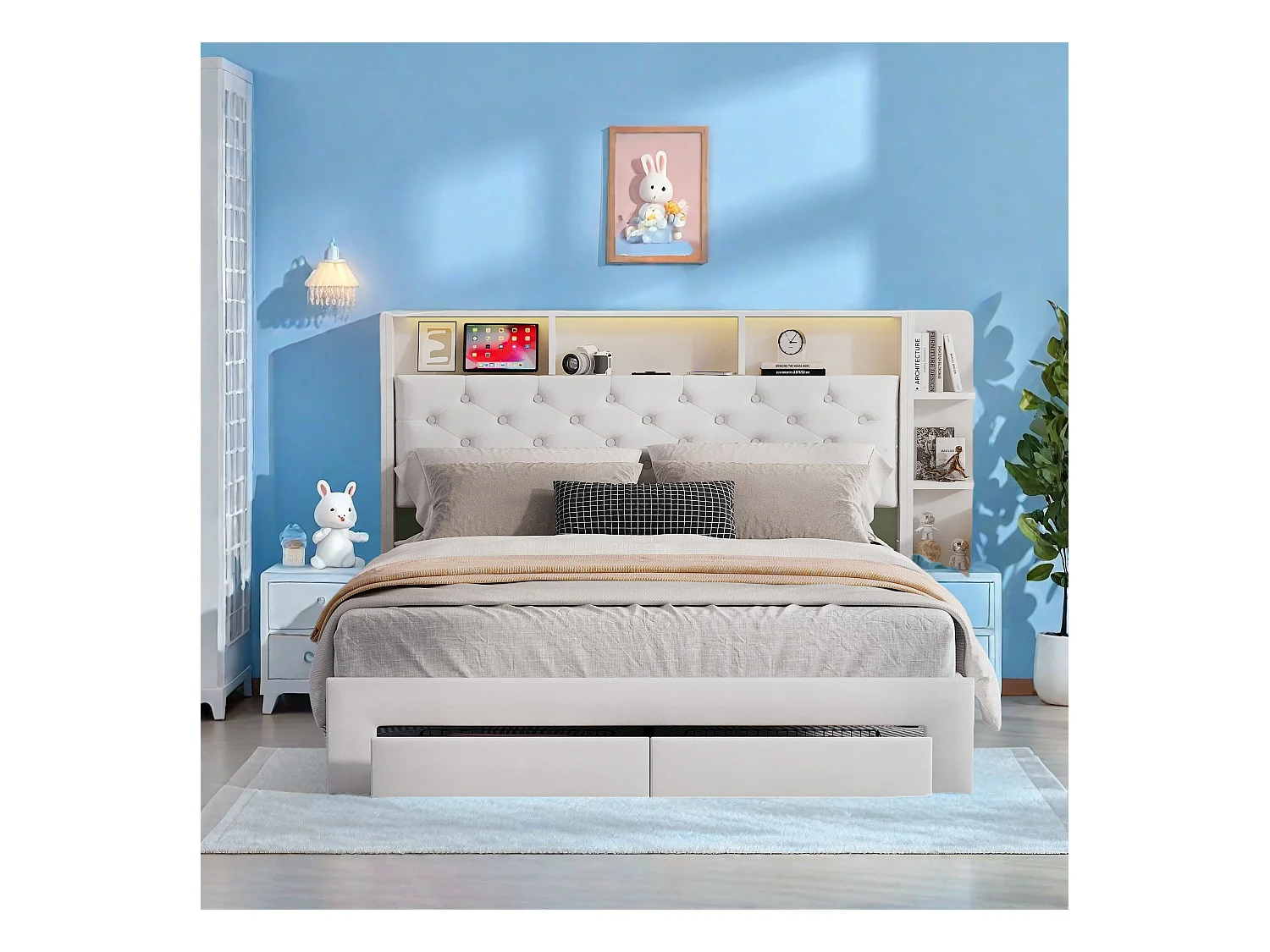 Lit double 160x200 cm tapissé en velours blanc avec tiroirs de rangement, LED réglable et port USB intégré
