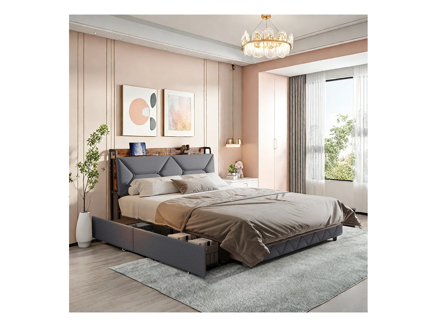 Lit double 140x200 cm avec tête de lit ergonomique inclinée, rangements cachés, ports USB/Type-C et 4 tiroirs gain de place