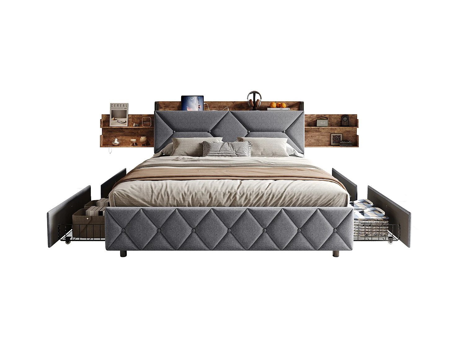 Lit double 140x200 cm avec tête de lit ergonomique inclinée, rangements cachés, ports USB/Type-C et 4 tiroirs gain de place