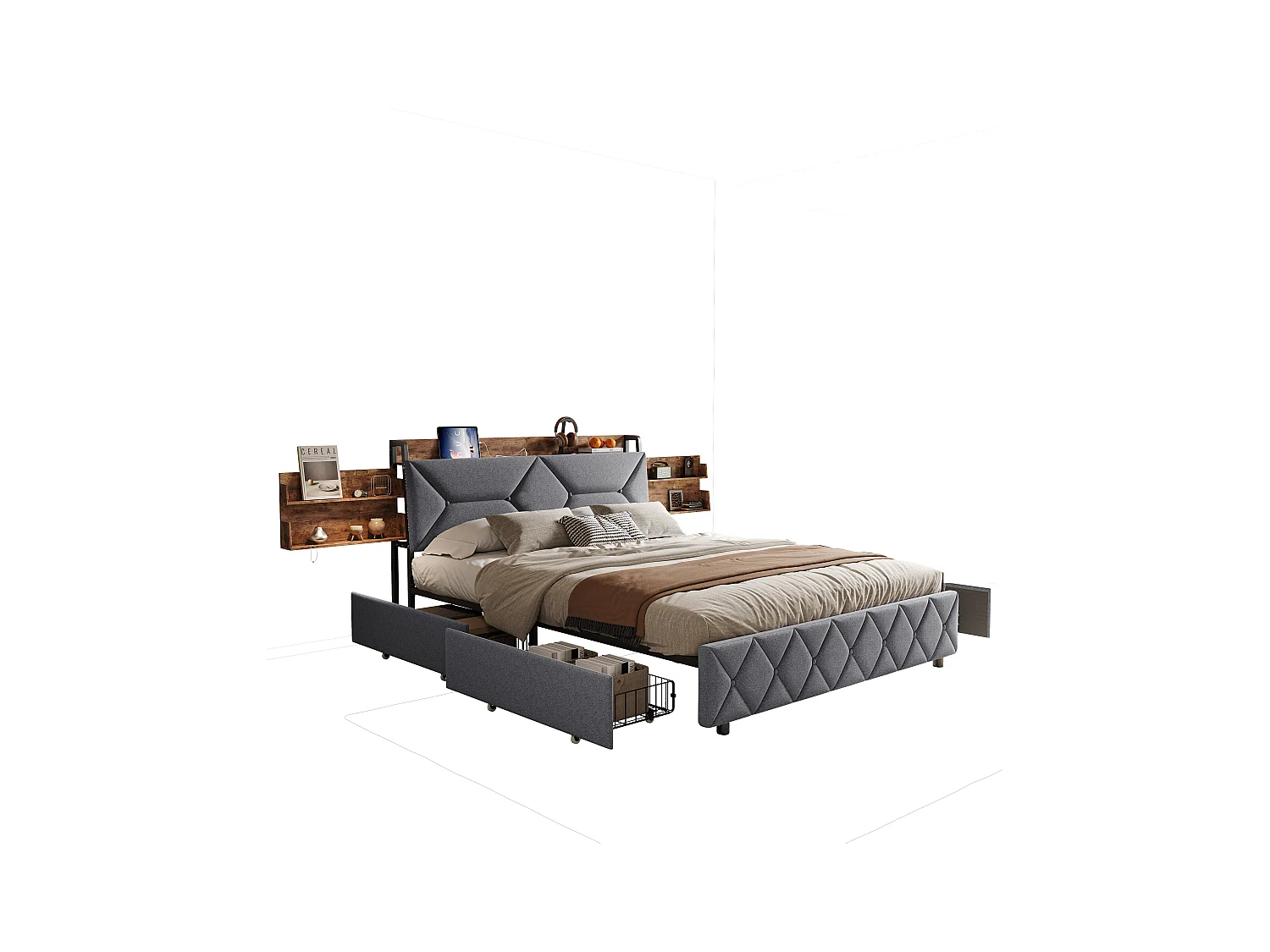 Cama doble de 140x200 cm con cabecero ergonómico inclinado, almacenaje oculto, puertos USB/Tipo C y 4 cajones ahorradores de espacio.