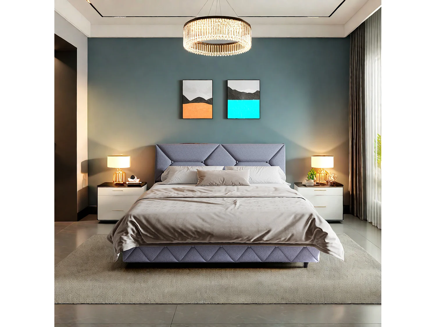 Lit double 140x200 cm avec tête de lit ergonomique inclinée, rangements cachés, ports USB/Type-C et 4 tiroirs gain de place