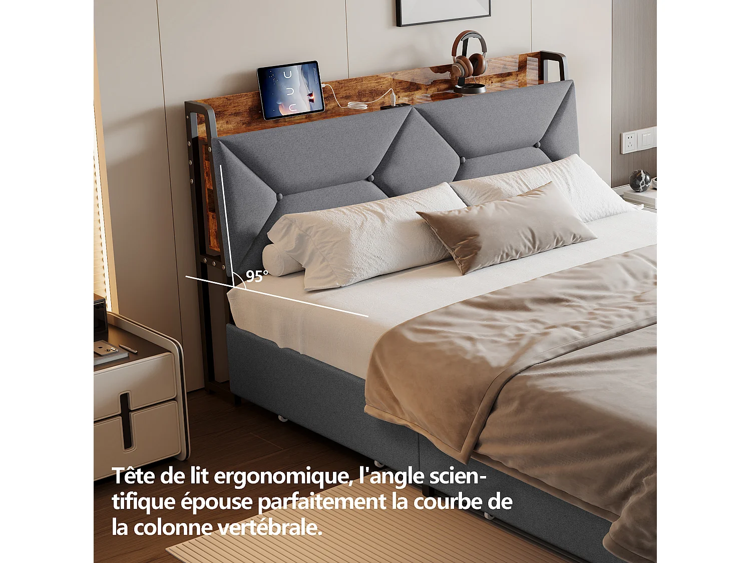Lit double 140x200 cm avec tête de lit ergonomique inclinée, rangements cachés, ports USB/Type-C et 4 tiroirs gain de place