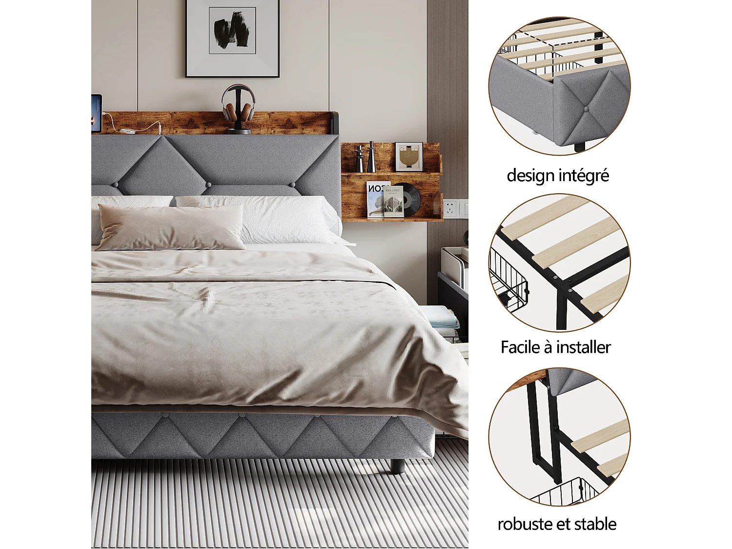 Lit double 140x200 cm avec tête de lit ergonomique inclinée, rangements cachés, ports USB/Type-C et 4 tiroirs gain de place