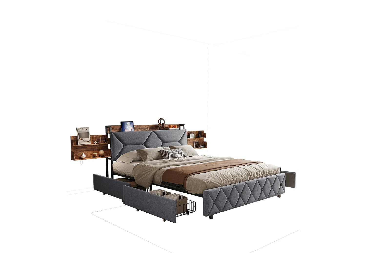 Lit double 140x200 cm avec tête de lit ergonomique inclinée, rangements cachés, ports USB/Type-C et 4 tiroirs gain de place