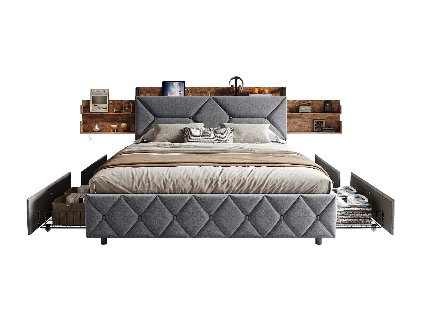 Lit double 140x200 cm avec tête de lit ergonomique inclinée, rangements cachés, ports USB/Type-C et 4 tiroirs gain de place