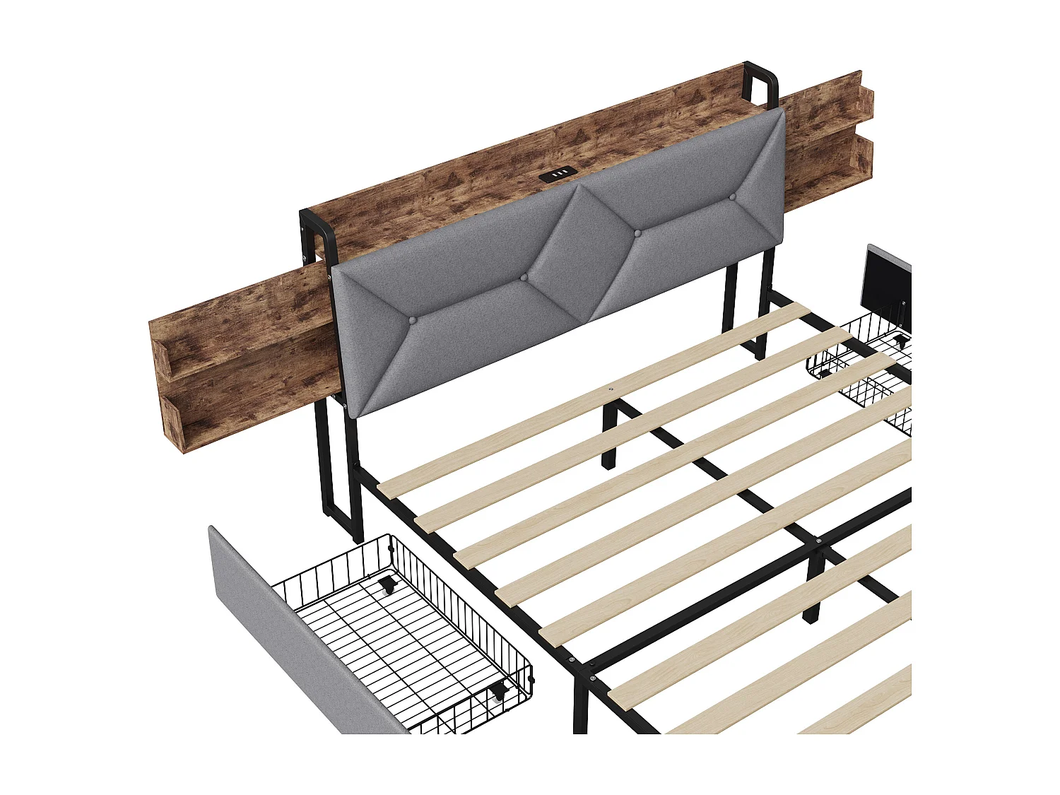 Lit double 140x200 cm avec tête de lit ergonomique inclinée, rangements cachés, ports USB/Type-C et 4 tiroirs gain de place