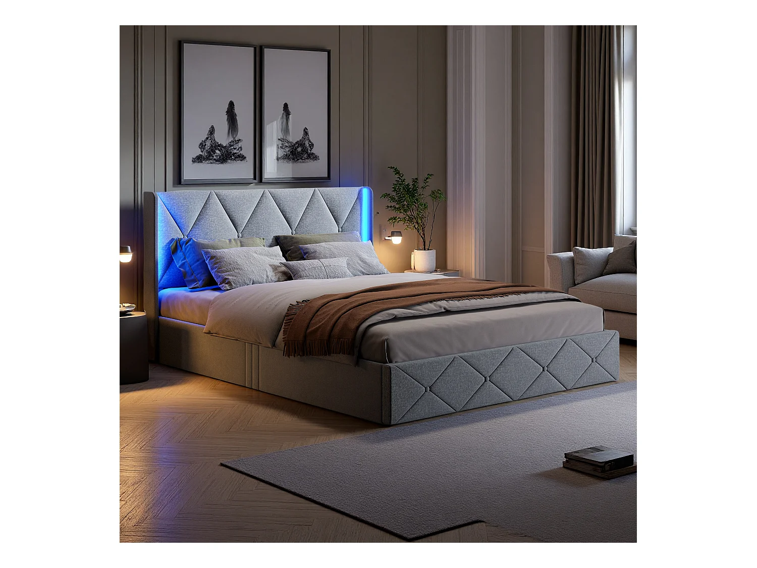 Cama de arrumação 140x200 cm em veludo cinza fosco com luz lateral na cabeceira, arrumação hidráulica, fácil de montar