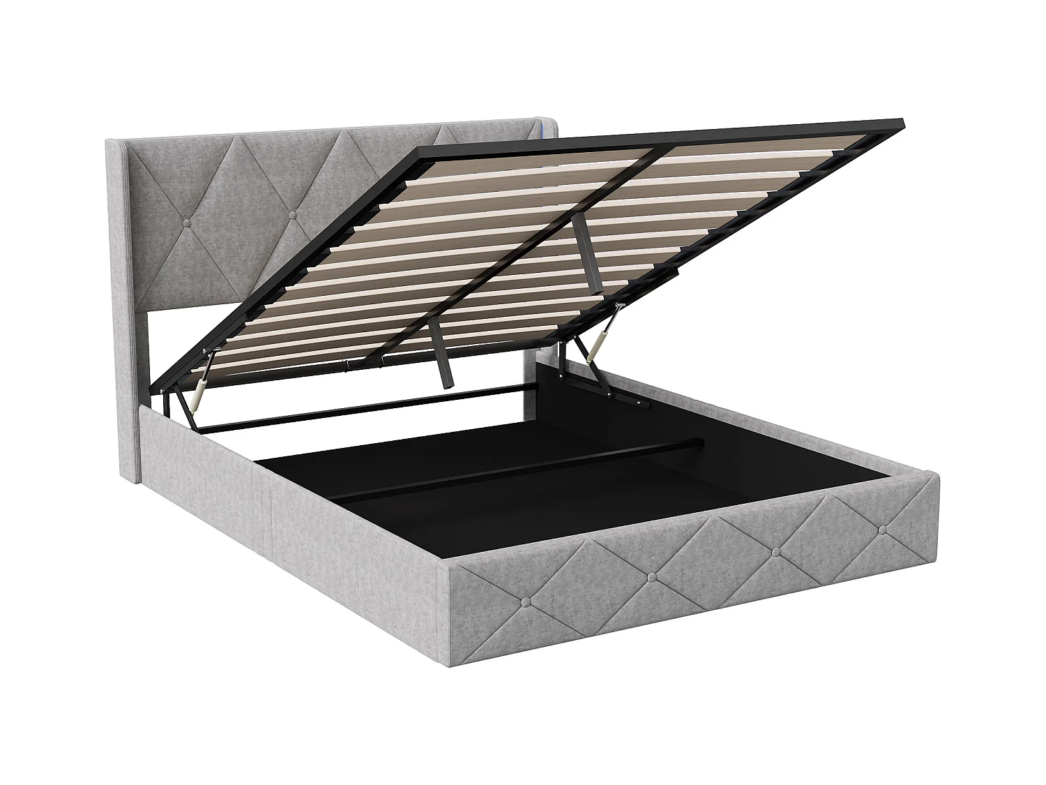 Cama de arrumação 140x200 cm em veludo cinza fosco com luz lateral na cabeceira, arrumação hidráulica, fácil de montar