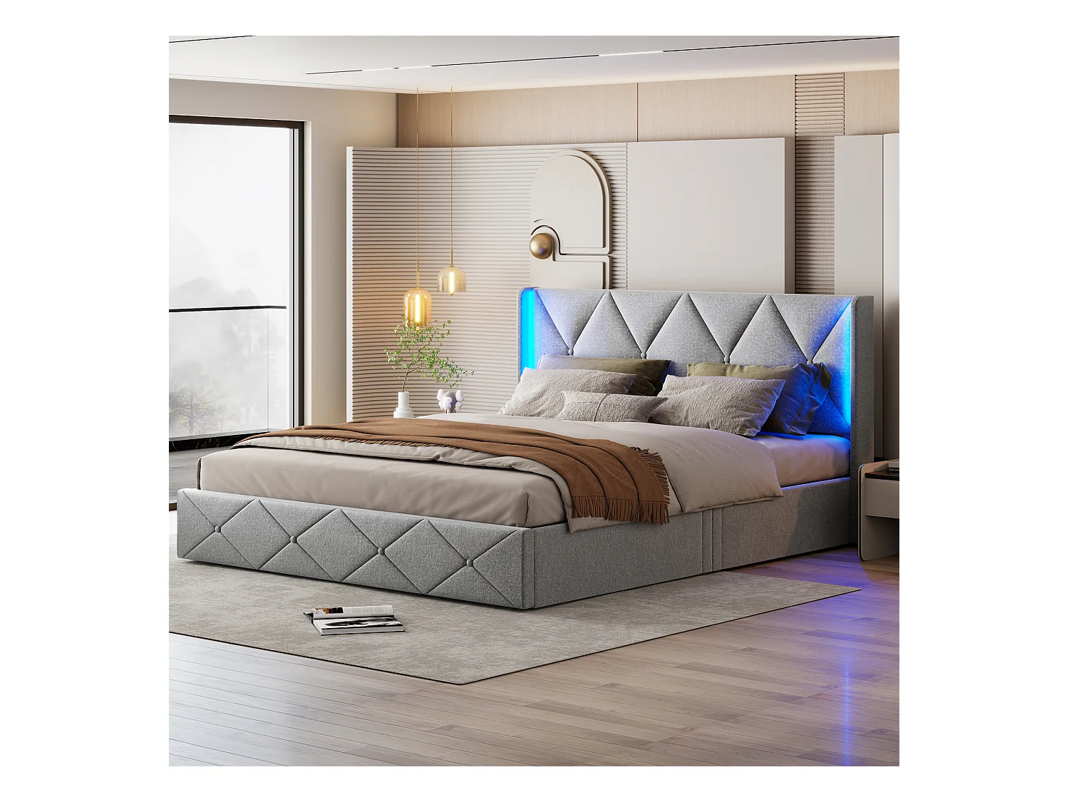 Cama de arrumação 140x200 cm em veludo cinza fosco com luz lateral na cabeceira, arrumação hidráulica, fácil de montar