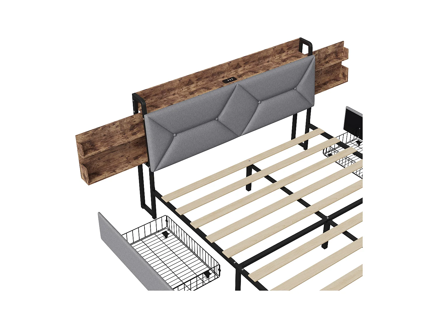 Letto matrimoniale 160x200 cm con testiera ergonomica inclinata, vano contenitore nascosto, porte USB/Type-C e 4 cassetti salvaspazio