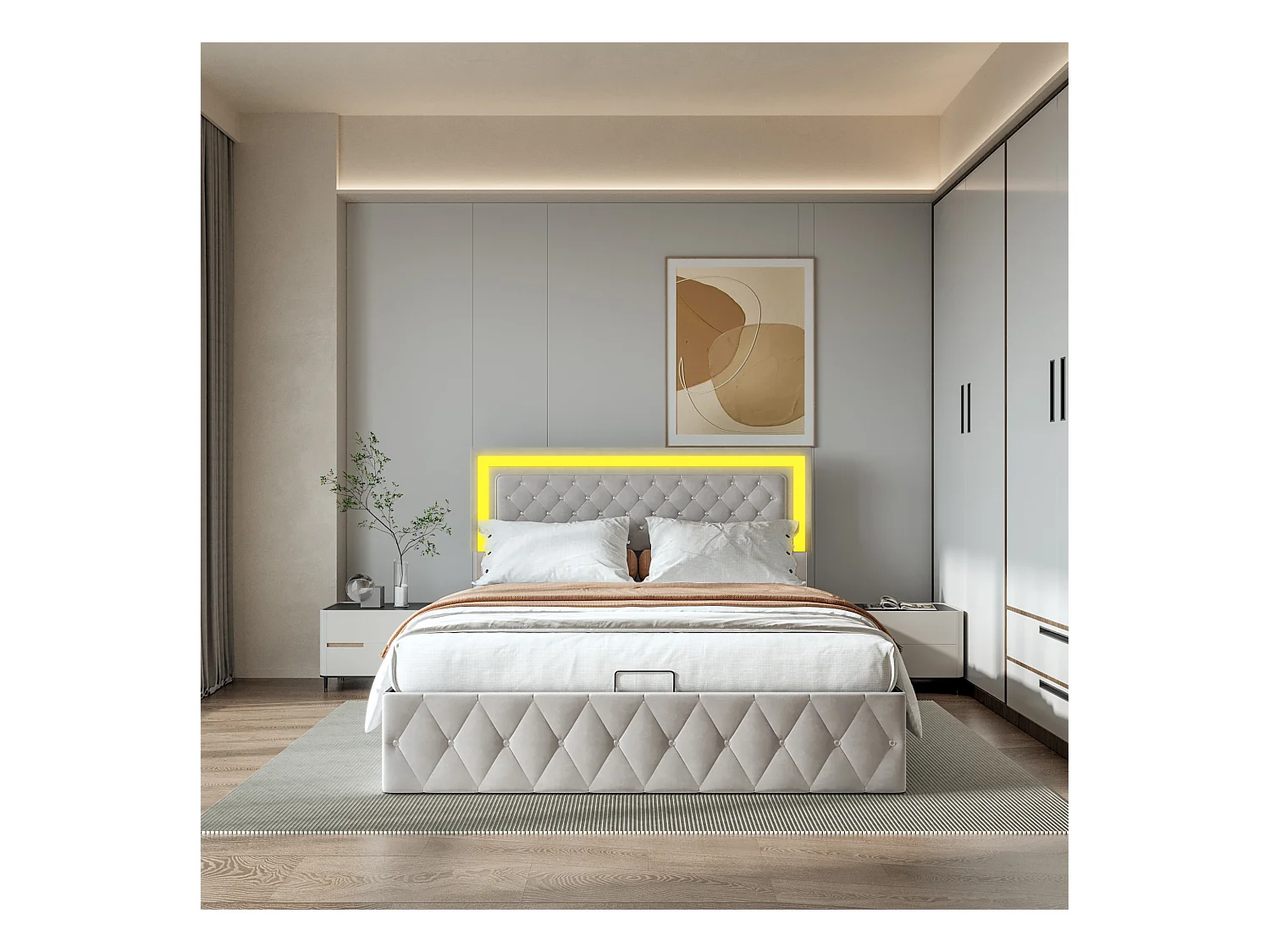 Elegante letto imbottito 140x200 con ampia testiera sollevabile, letto in velluto con LED, sistema contenitore idraulico, elegante letto beige