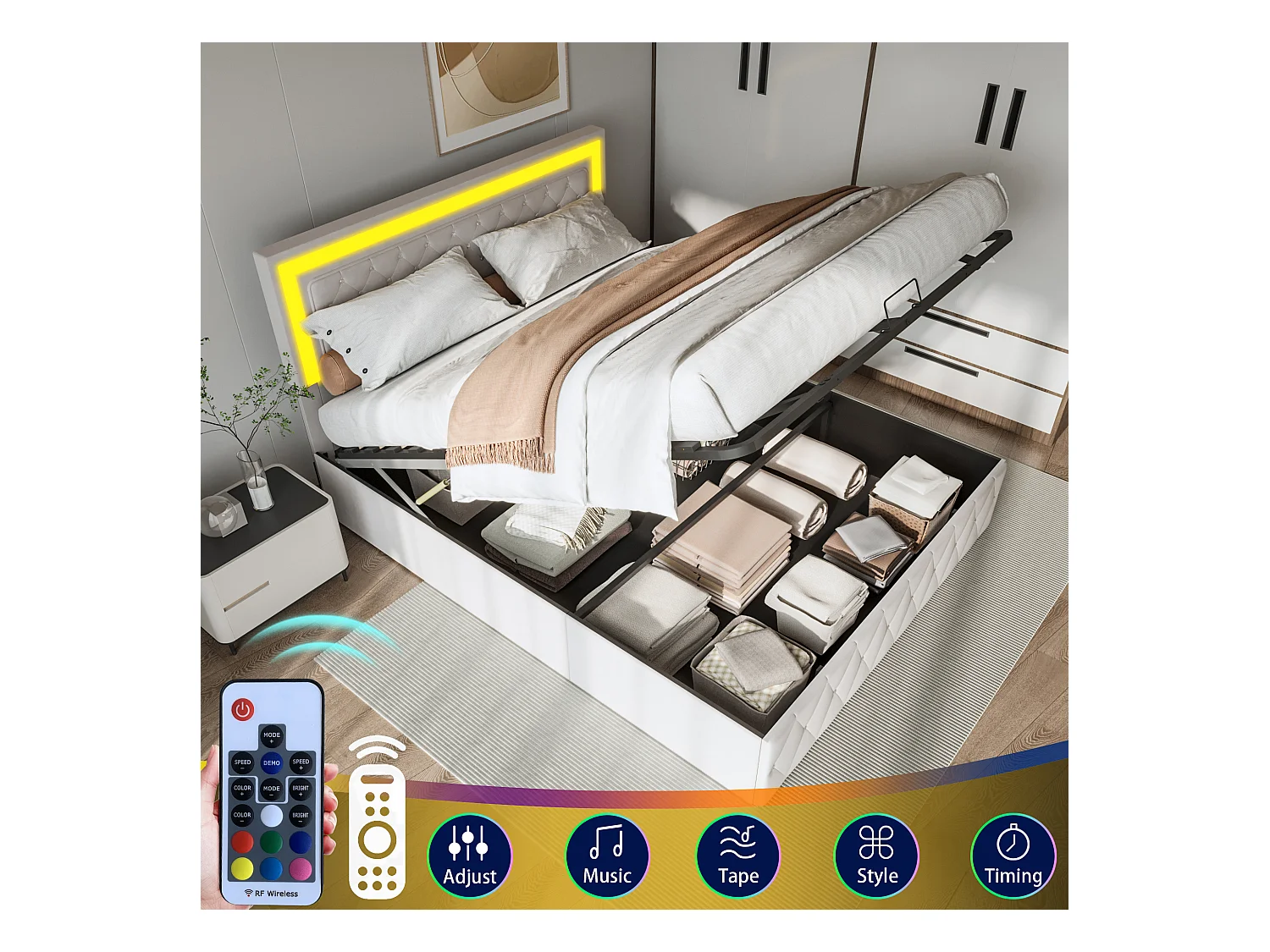 Elegante letto imbottito 140x200 con ampia testiera sollevabile, letto in velluto con LED, sistema contenitore idraulico, elegante letto beige