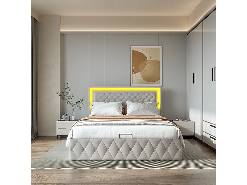 Lit élégant rembourré 140x200 avec grande tête de lit relevable, lit en velours avec LED, système de rangement hydraulique, lit beige élégant