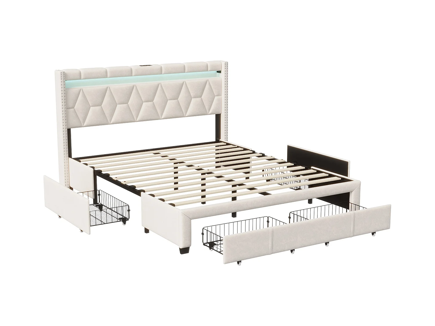 Bed van 160x200 cm met ruitvormig hoofdeinde, ledverlichting en USB-poorten, 4 metalen lades, beige linnen bekleding, modern en praktisch design