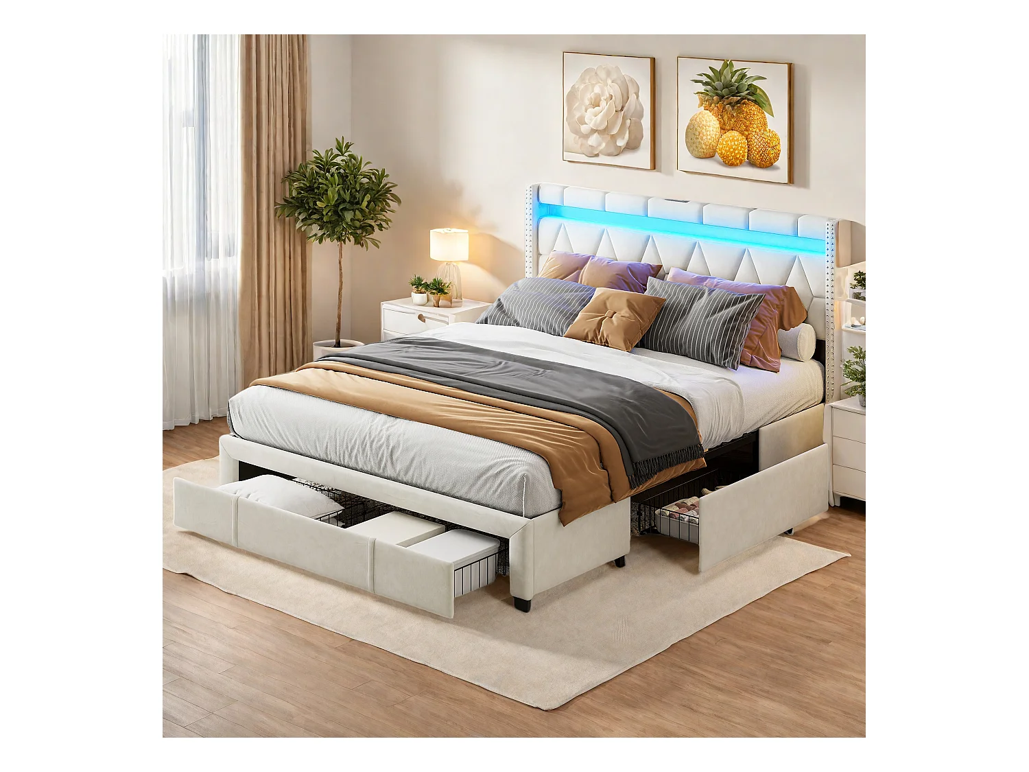 Lit 160x200 cm avec tête de lit losange, éclairage LED et ports USB, 4 tiroirs en métal, revêtement en lin beige, design moderne et pratique