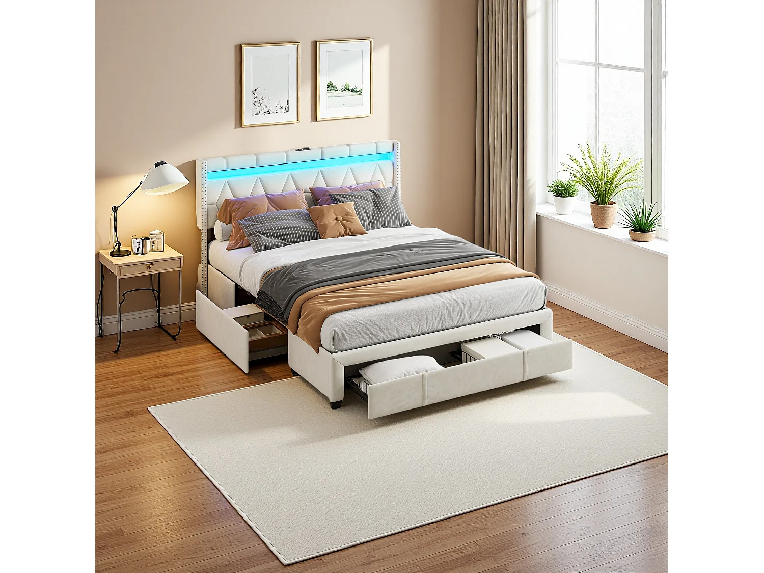 Lit 160x200 cm avec tête de lit losange, éclairage LED et ports USB, 4 tiroirs en métal, revêtement en lin beige, design moderne et pratique