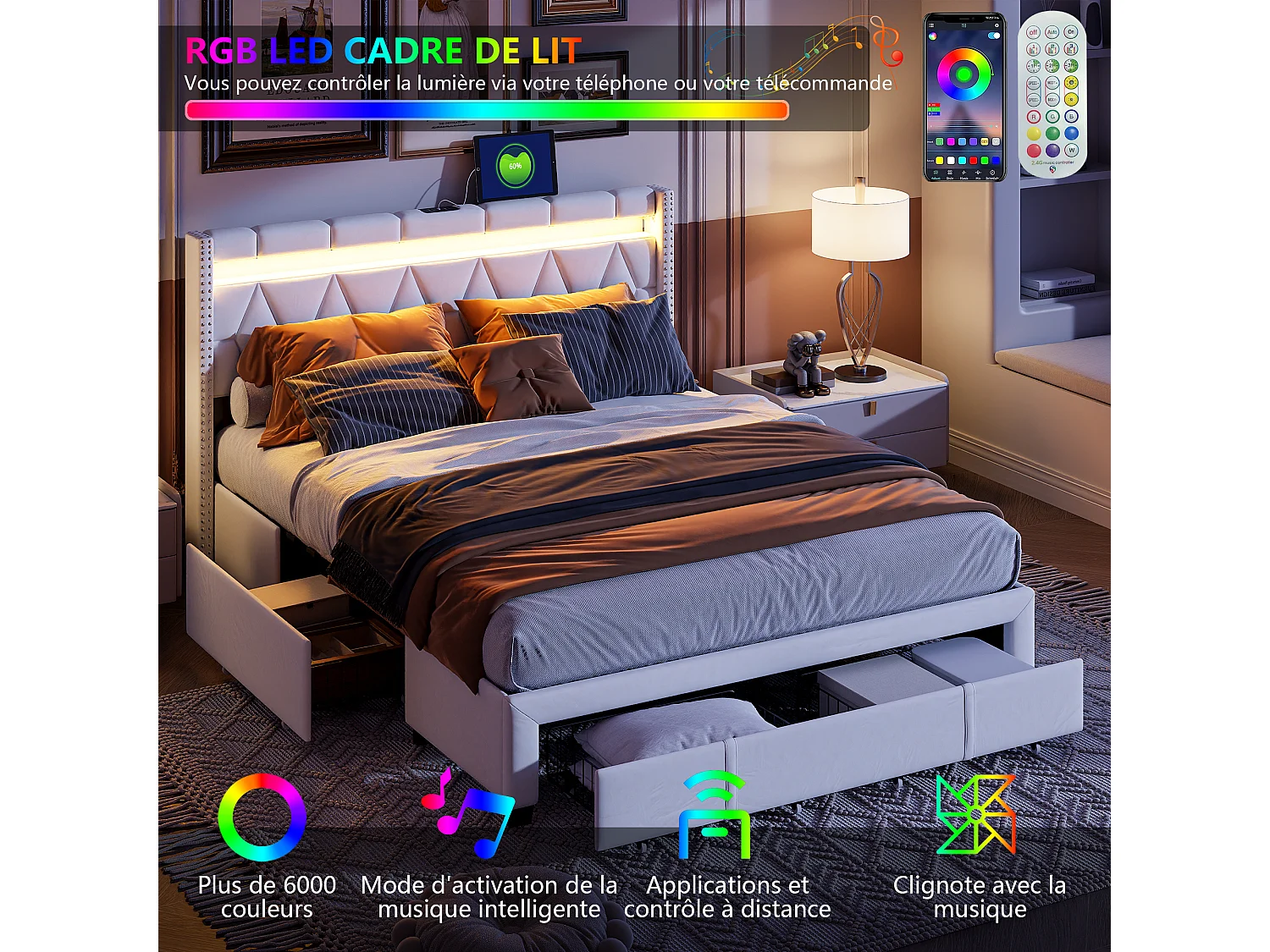 Lit 160x200 cm avec tête de lit losange, éclairage LED et ports USB, 4 tiroirs en métal, revêtement en lin beige, design moderne et pratique