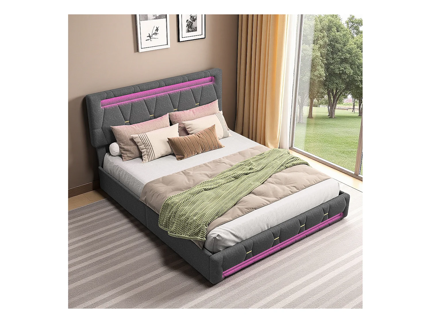 Lit double capitonné 140x200cm avec rangement en lin gris, 4 tiroirs, tête de lit LED multicolore, chargeur européen