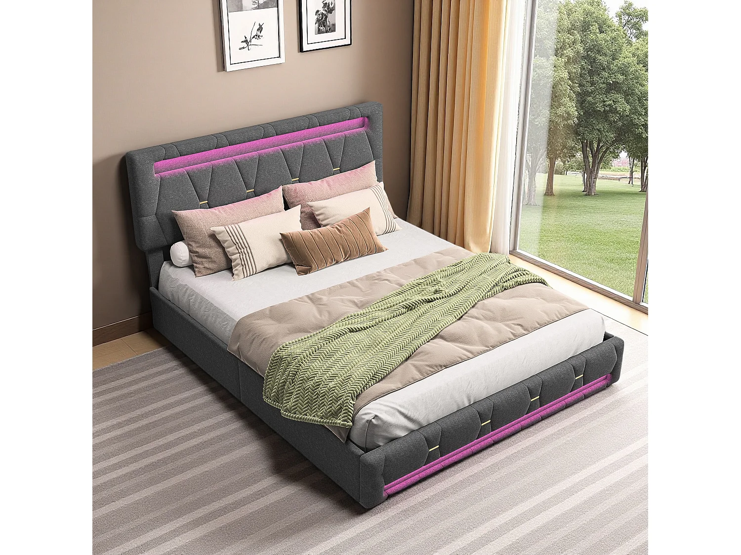 Gestoffeerd tweepersoonsbed 140x200cm met grijze linnenkast, 4 lades, veelkleurig LED-hoofdbord, Europese oplader