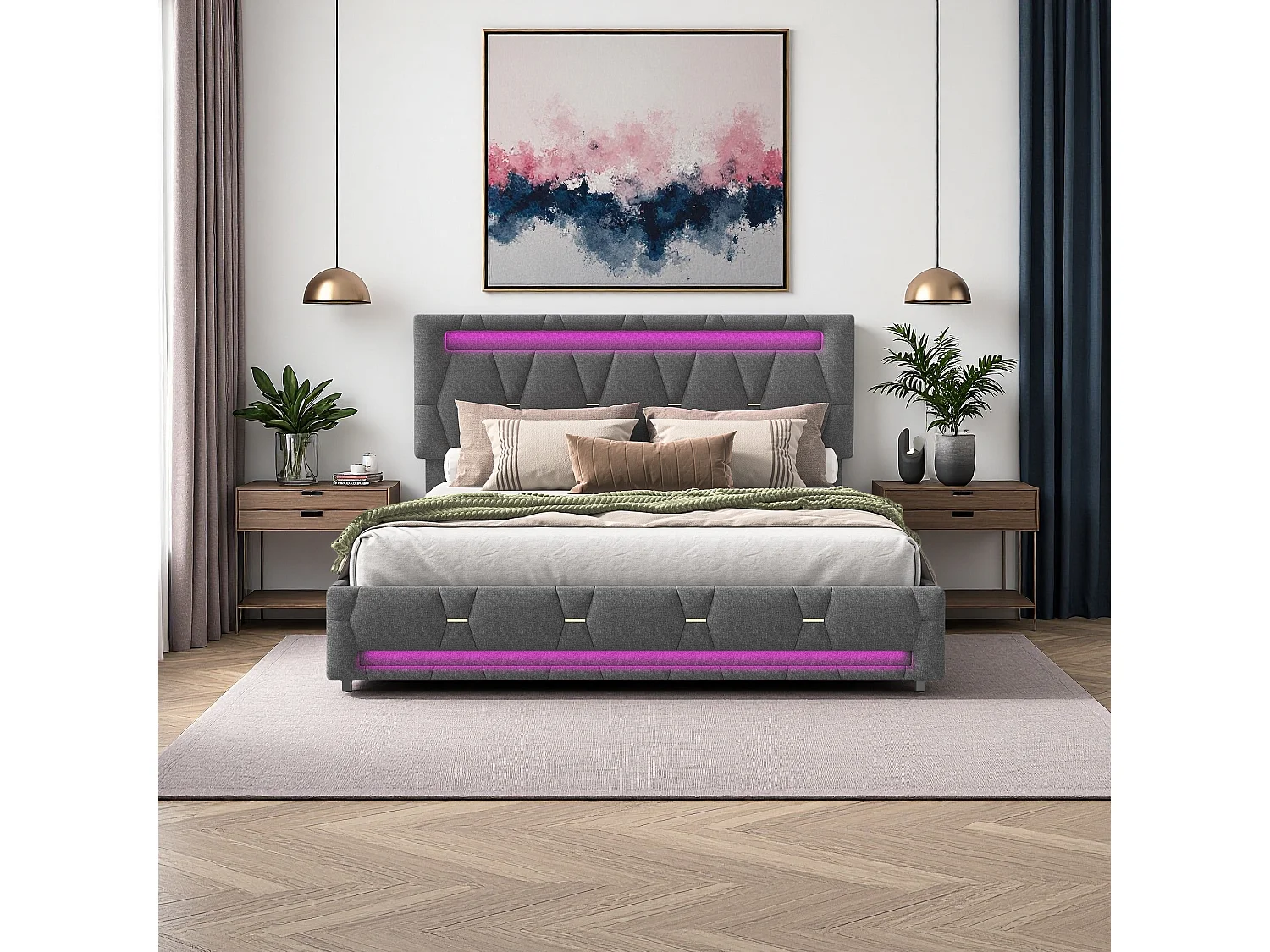 Gestoffeerd tweepersoonsbed 140x200cm met grijze linnenkast, 4 lades, veelkleurig LED-hoofdbord, Europese oplader